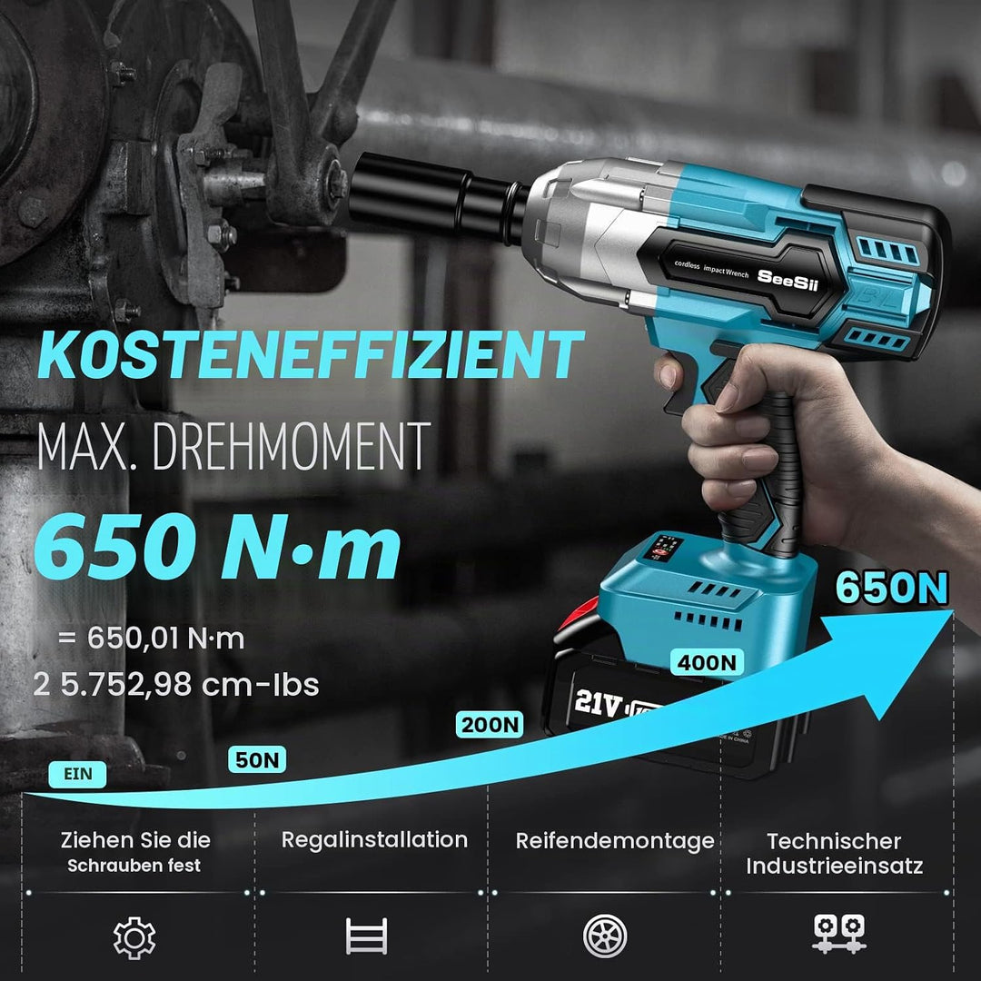 Seesii Akku Schlagschrauber 650Nm(479 Ft-lb) hohes Drehmoment, 3300 U/min, Bürstenloser Motor, mit 2