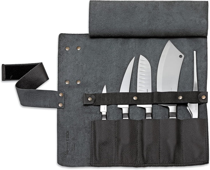 F.DICK Leder-Rolltasche 1905 (5-teilig, schwarz, Inhalt: Officemesser, Zerlegemesser, Santoku, Kochm