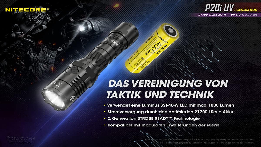 Nitecore Taschenlampe P20i UV - Taktische Akku-Taschenlampe mit 1.800 Lumen & UV-Licht - USB-C aufla