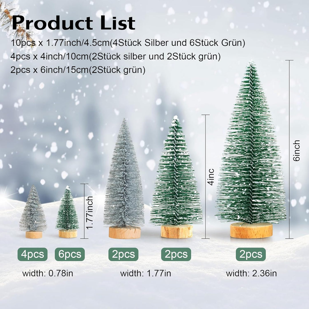 16 Stück Mini Tannenbaum Deko Klein Weihnachtsbaum Grün Silber, Künstlich Miniatur Weihnachtsbaum Ge