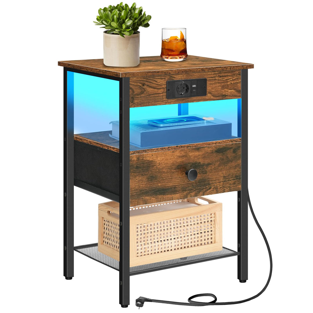 HOOBRO Nachttisch mit Ladestation und LED-Lichtleiste, schmaler Beistelltisch mit Schublade, Sofatis