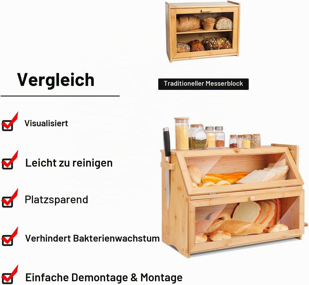 Leader Accessories Bambus Brotkasten 2 Etagen Brotbehälter mit Brotschneidebrett lebensmittelecht Br