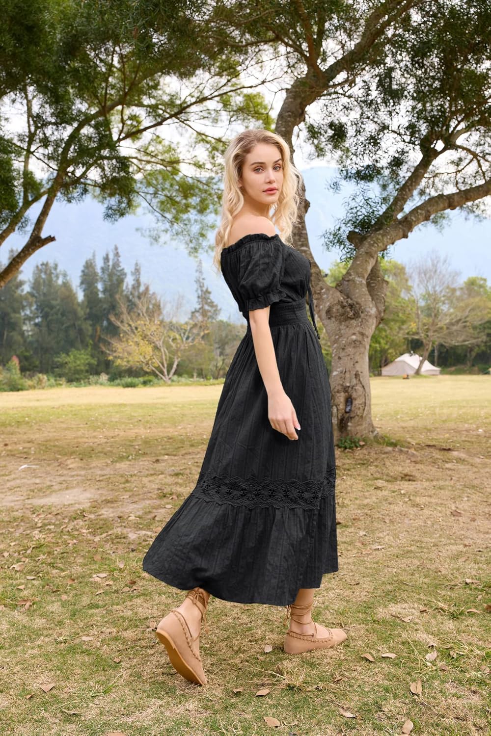 SCARLET DARKNESS Damen Renaissance Kleider Schulterfrei Puffärmel Gesmokte Taille Baumwollkleid S Sc