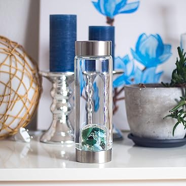 VitaJuwel ViA FOREVER YOUNG - Wasserflasche aus Glas (0,5l) mit Aquamarin, Aventurin, Rauchquarz & B