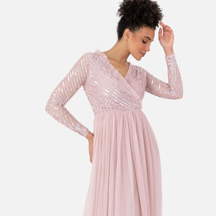 Maya Deluxe Women's Maxi Dress Ladies Embellished Wrap Tulle Frilly V-Neck Long Sleeve for Wedding G