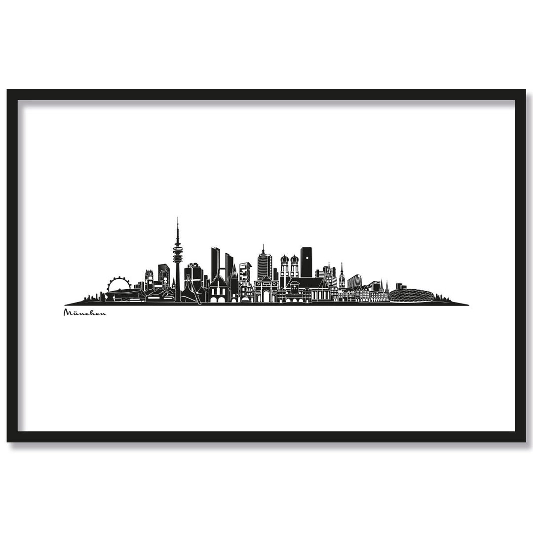 JUNIWORDS Poster mit/ohne Holzrahmen, Wähle ein Motiv, Skyline München, Wähle eine Grösse, 30 x 40 c