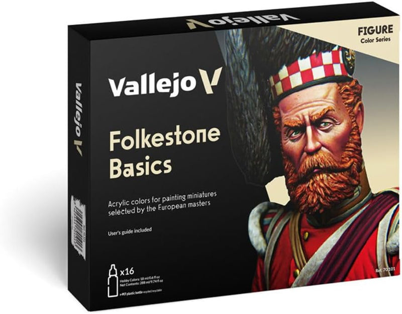 Vallejo, Acryl, 070101 Farbset, Folkstone Basics, 16 x 17 ml, Beige/Blau/Braun/Gold/Grün/Grau/Orange