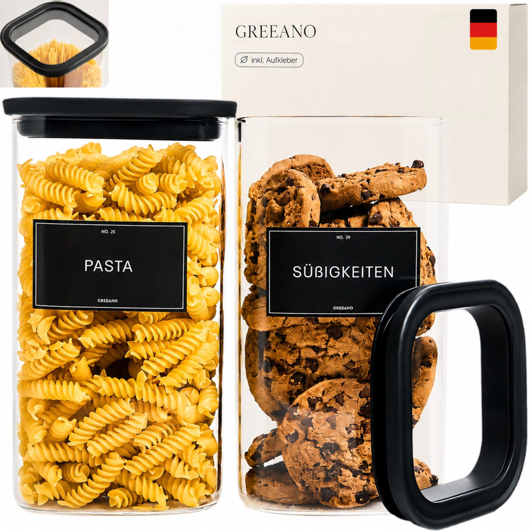 Vorratsgläser eckig mit Glasdeckel 1500ml [2er Set] – Vorratsdosen Glas luftdicht & mottensicher – A
