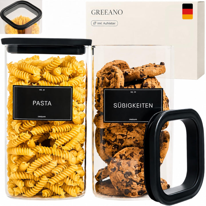 Vorratsgläser eckig mit Glasdeckel 1500ml [2er Set] – Vorratsdosen Glas luftdicht & mottensicher – A