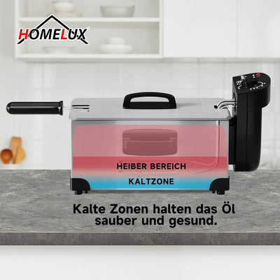 HOMELUX Friteuse 3Liter Kapazität Friteuse Mit fett, Abnehmbarer Edelstahl Fritöse, Isolierter Griff