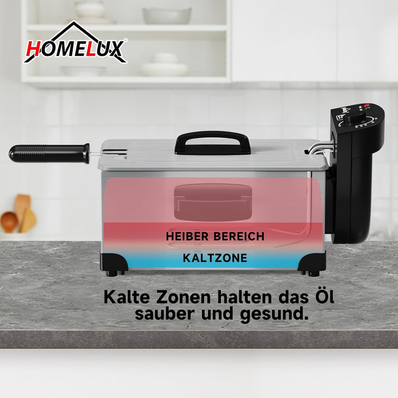 HOMELUX Friteuse 3Liter Kapazität Friteuse Mit fett, Abnehmbarer Edelstahl Fritöse, Isolierter Griff