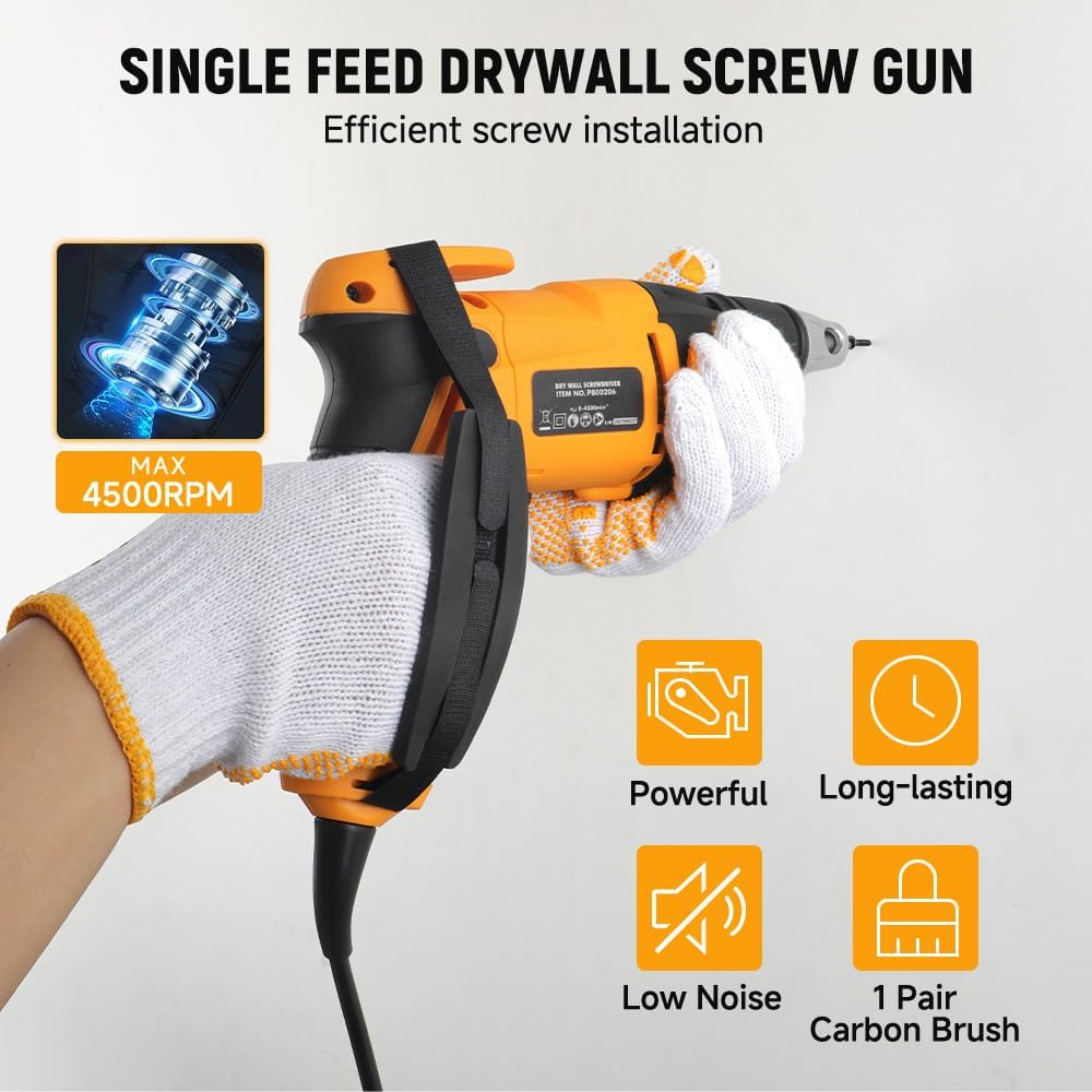 Hoteche 520W Trockenbauschrauber - Drywall Screwdriver 230V 50HZ, 520W Leistung, 0-4500 U/MIN, 6MM S