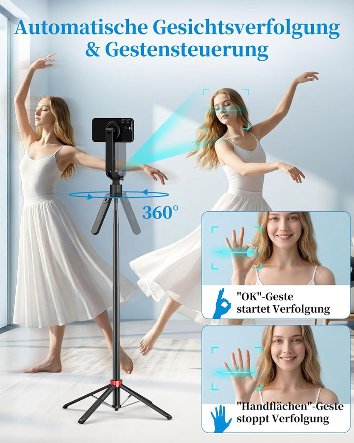 PlusAcc 184cm Auto Face Tracking Stativ – Magnetischer Selfie Stick für iPhone, 360° Drehung Halter