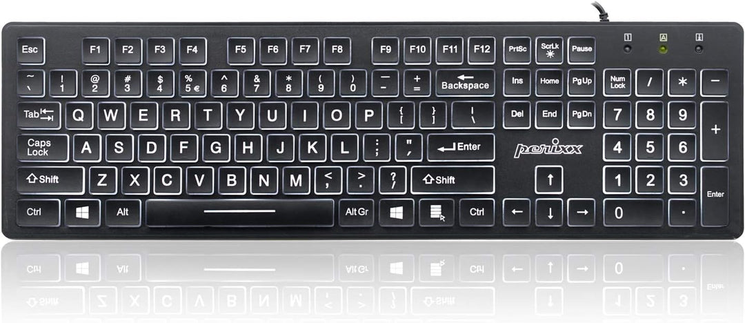 Perixx PERIBOARD-317 USB-Tastatur mit kabelgebunden, beleuchtet, Big Print Letter mit weiss beleucht