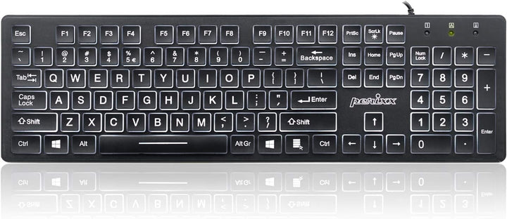 Perixx PERIBOARD-317 USB-Tastatur mit kabelgebunden, beleuchtet, Big Print Letter mit weiss beleucht