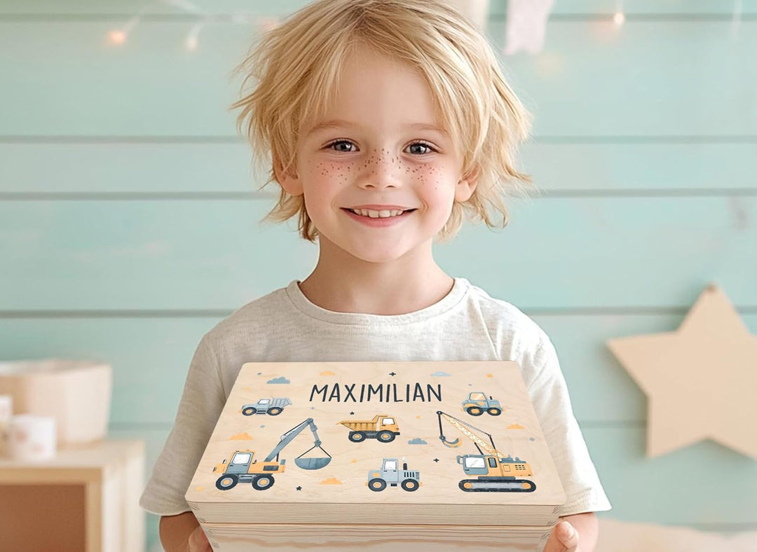 Little Deco Personalisierte Baby Erinnerungskiste mit Bagger | L - 40 x 30 x 22 cm - Design 5 | Holz