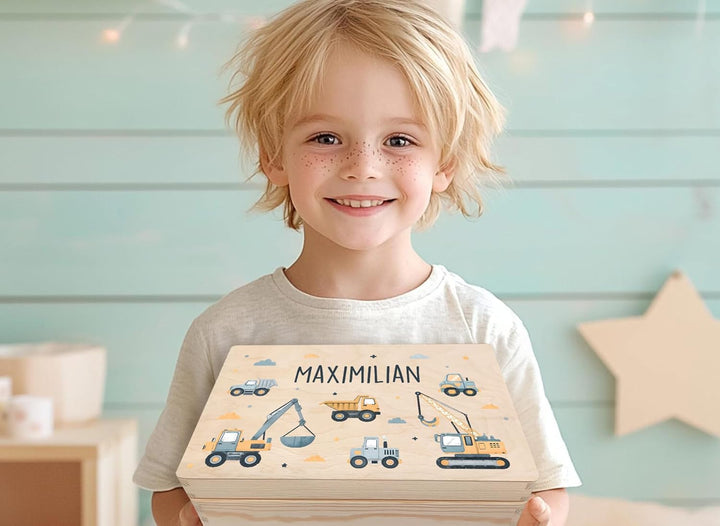 Little Deco Personalisierte Baby Erinnerungskiste mit Bagger | L - 40 x 30 x 22 cm - Design 5 | Holz