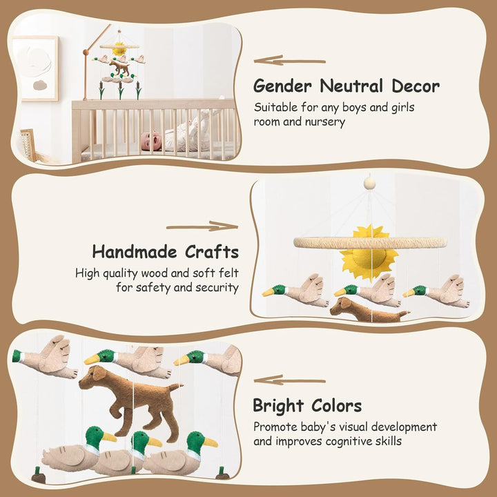 Mobile Baby, 3D Dackel Hund Mobile Babybett Holz mit Filz Schilf Ente und Sonne Handgemachtes Bettgl