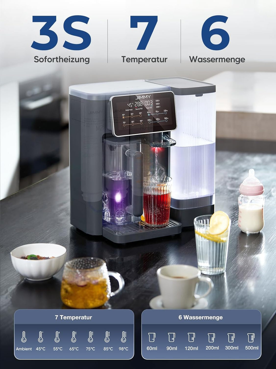 Jimmy R9 Osmoseanlage Trinkwasser Auftisch, Umkehrosmoseanlage Wasserfilter, mit Heisswasserspender,