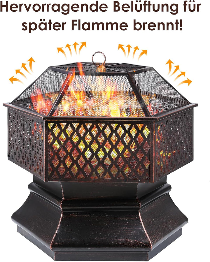 Feuerschale mit Grillrost, Feuerkorb mit Funkenschutz, Feuerschalen für den Garten, Sechseckige Feue