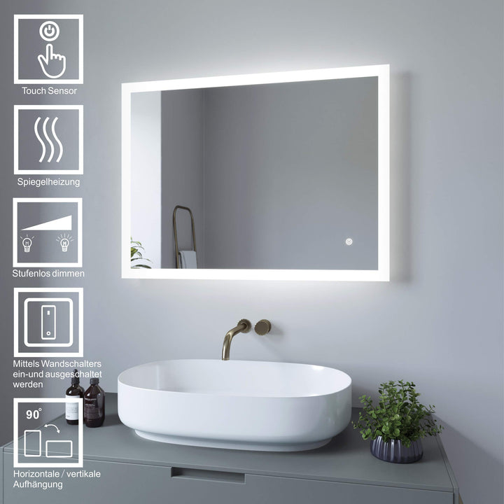 AQUABATOS® Badspiegel LED Beleuchtung Wandspiegel Dimmbar Badezimmerspiegel mit Touchschalter (60 x
