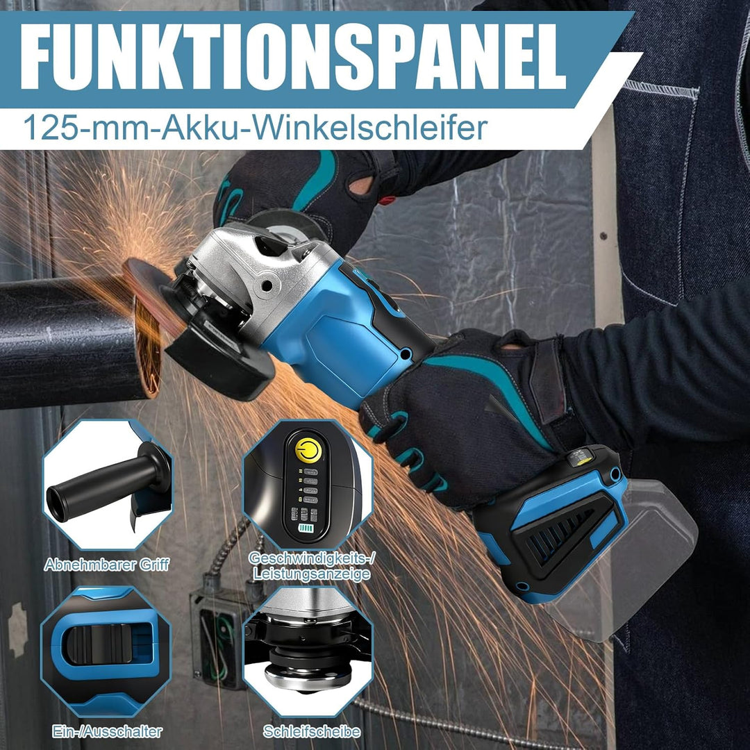 Akku Winkelschleifer für Makita 18V, Bürstenlon kompakt 9000 U/min mit 4 Geschwindigkeiten,125mm Sch