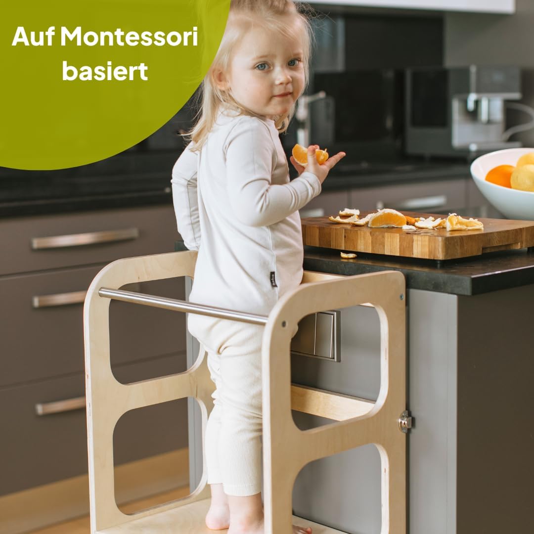 Klappbarer Lernturm mit Sitzfunktion, 45 cm Stehhöhe, Step’n’Sit, Lernturm mit Sitz und Tisch umklap