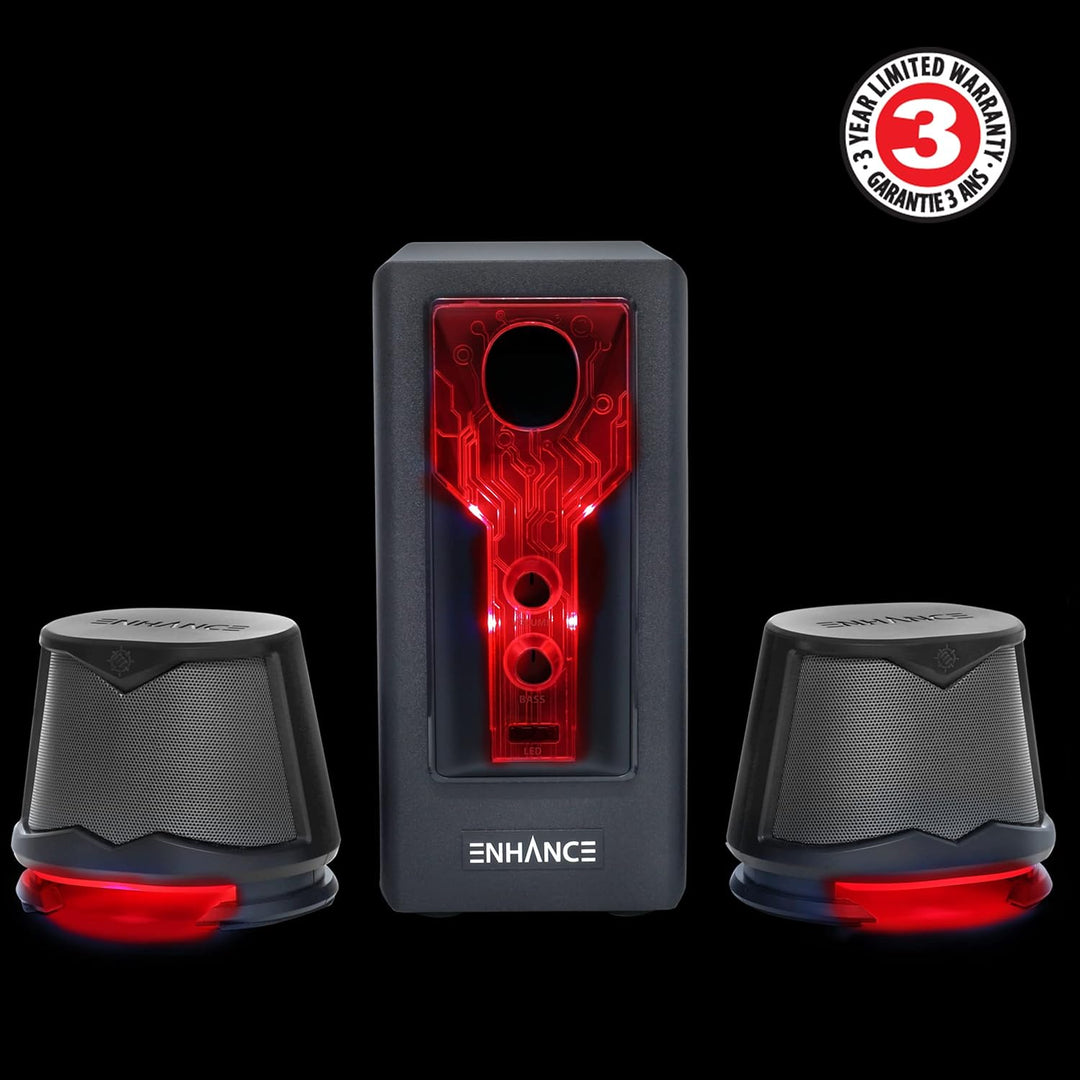 ENHANCE SB 2.1 Computerlautsprecher mit Subwoofer – Rot LED-Gaming-Lautsprecher, High-Excursion-Soun
