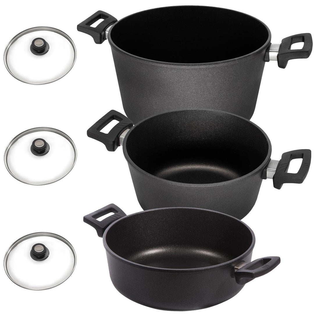 Eurolux Universal-Topfset Induktion Aluguss beschichtet 6-teilig - schwarze Koch-Töpfe Set & Glas-De