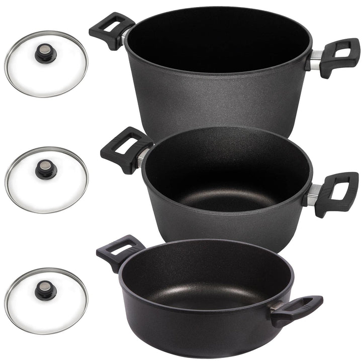 Eurolux Universal-Topfset Induktion Aluguss beschichtet 6-teilig - schwarze Koch-Töpfe Set & Glas-De