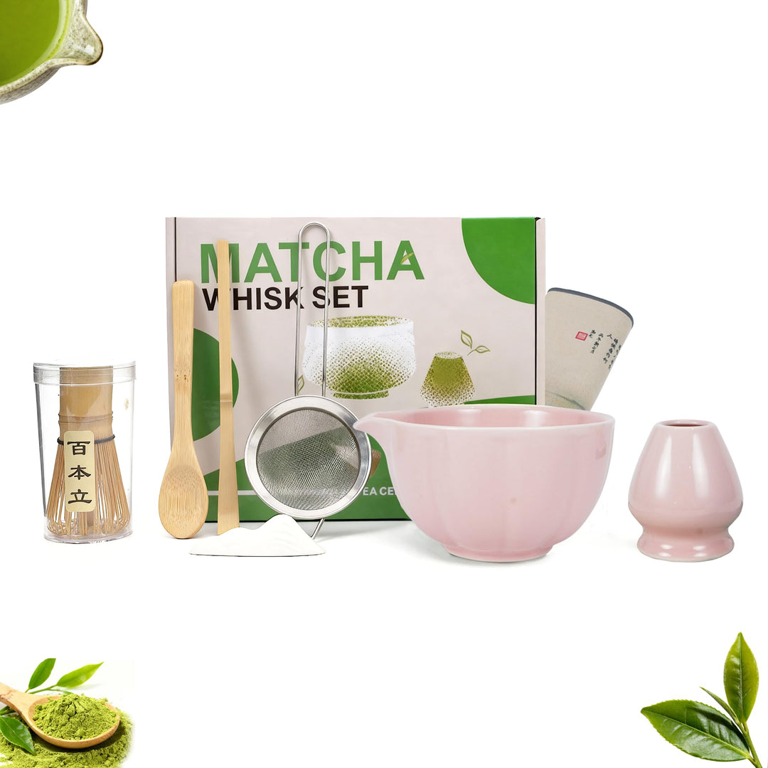 Matcha Tee Set 8-teilig – Japanisches Matcha Set mit glasiertem Chawan, Bambusbesen, Löffel, Teesieb