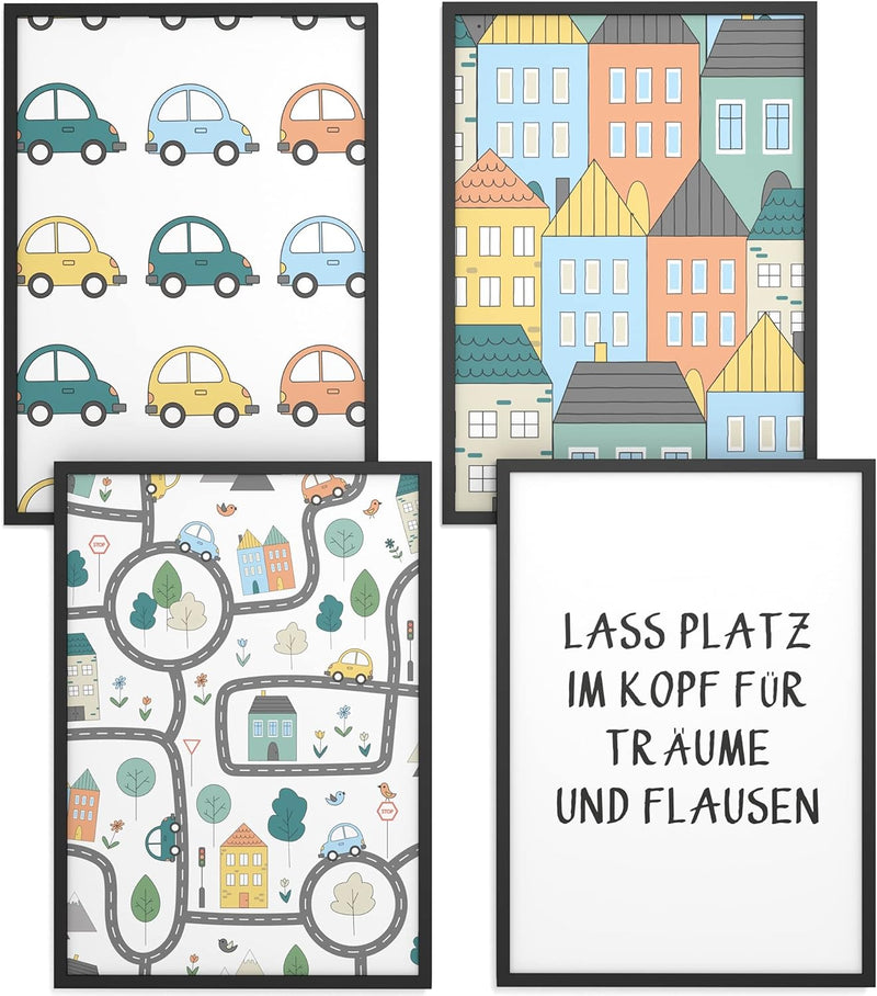 Papierschmiede® Kinderbilder 4er Set, A4 gerahmt in Holzrahmen (schwarz), Geschenk für Jungen Wandde