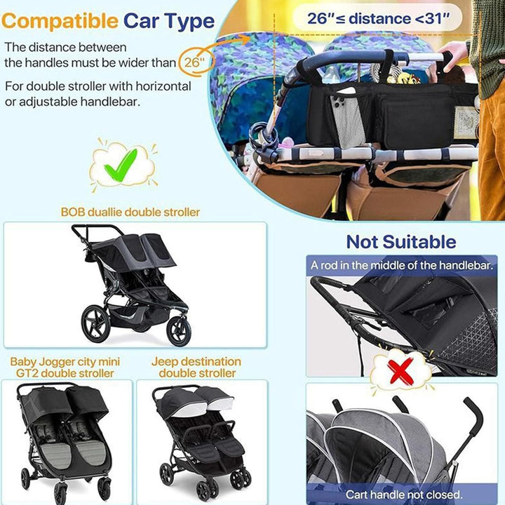 Doppel-Kinderwagen-Organizer, geräumige, wasserdichte Organisation mit 3 Fächern, kompakter Kinderwa
