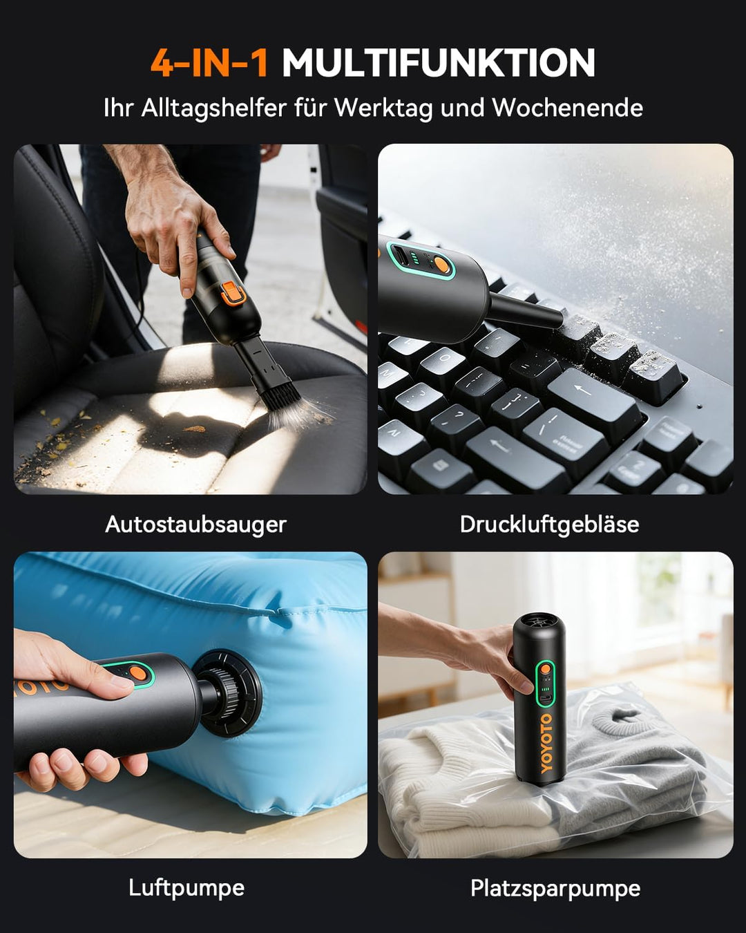 Akku-Autostaubsauger stark 4-in-1, Handstaubsauger Mini kabellos mit hoher 22000Pa/54 AW Saugkraft,
