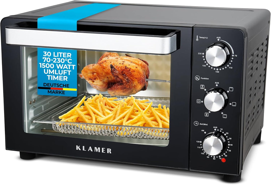 KLAMER Minibackofen mit Umluft (30 Liter), 6 Backfunktionen, 70-230°C, 120 min. Timer, Mini-Ofen ink
