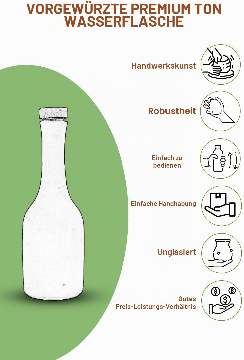 Village Decor Unglasierte, handgefertigte Terrakotta-Wasserflasche mit Korken, 765 ml, vorgebrannte