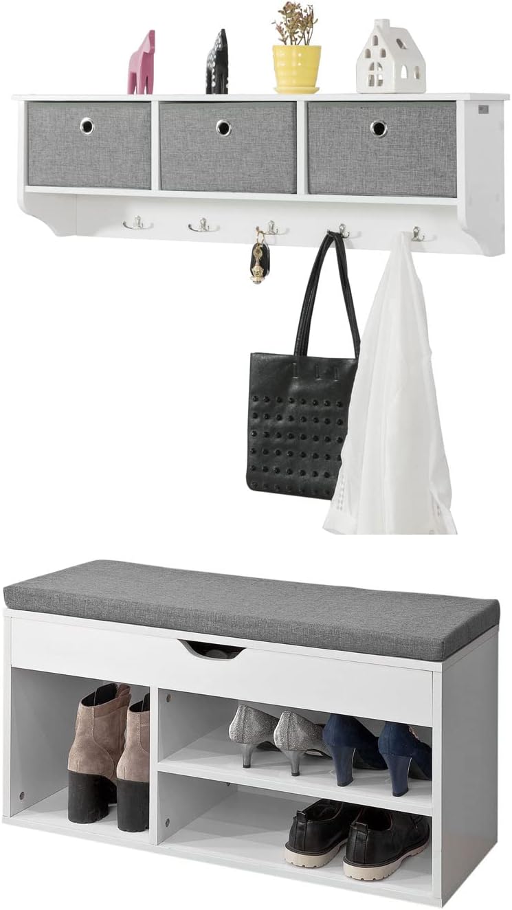 SoBuy Wandgarderobe-Set Flurset Flurmöbel Schuhbank mit Sitzfläche Flurgarderobe FSR45-HG+FRG282-W