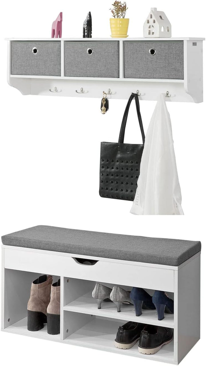 SoBuy Wandgarderobe-Set Flurset Flurmöbel Schuhbank mit Sitzfläche Flurgarderobe FSR45-HG+FRG282-W