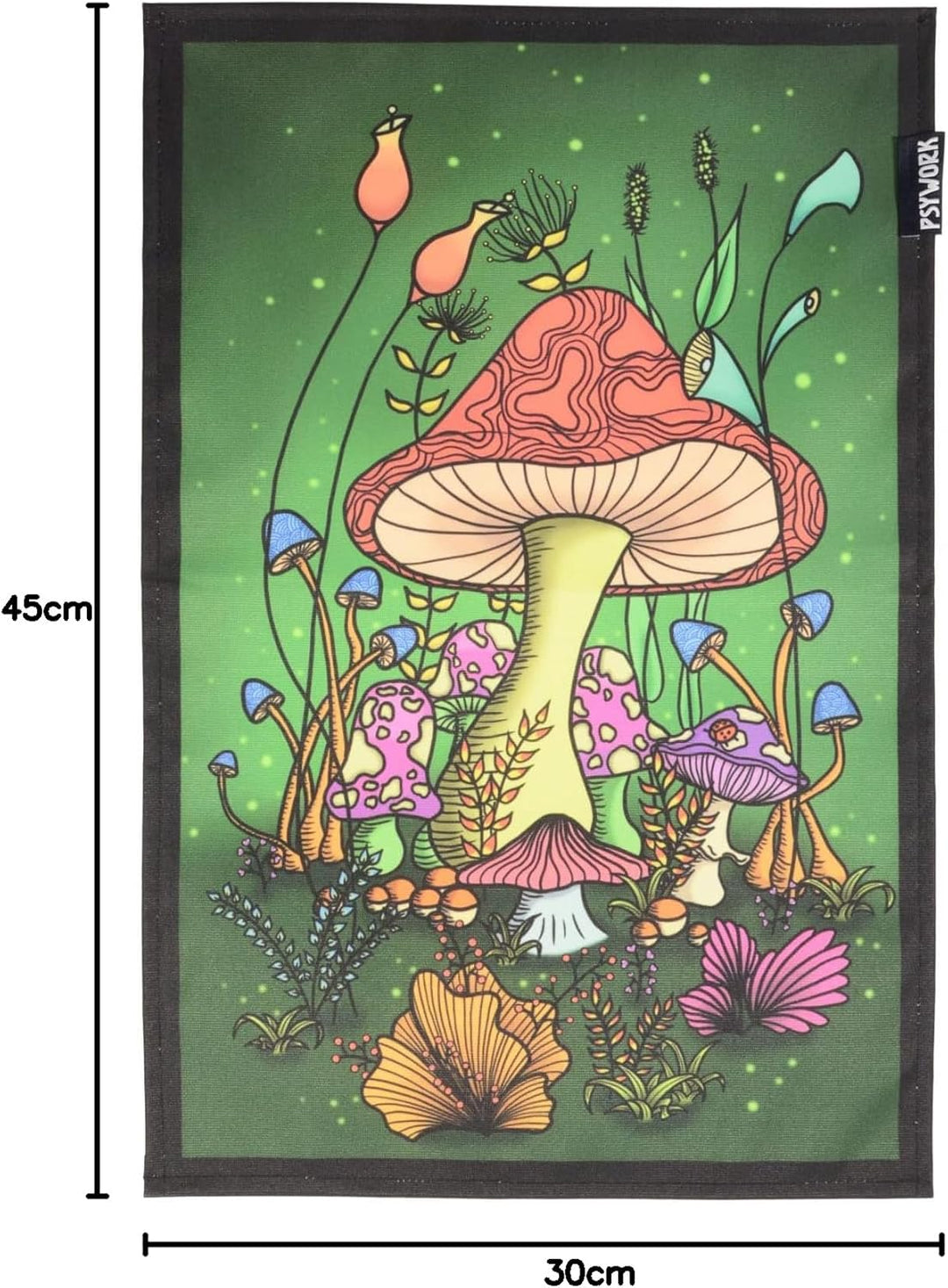 PSYWORK Schwarzlicht Stoffposter Neon | Magic Mushroom Wonderland | 0,3 x 0,45m | UV-aktiv | fluores