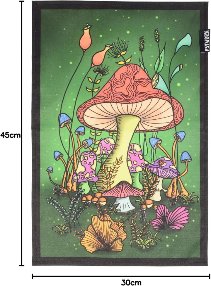 PSYWORK Schwarzlicht Stoffposter Neon | Magic Mushroom Wonderland | 0,3 x 0,45m | UV-aktiv | fluores