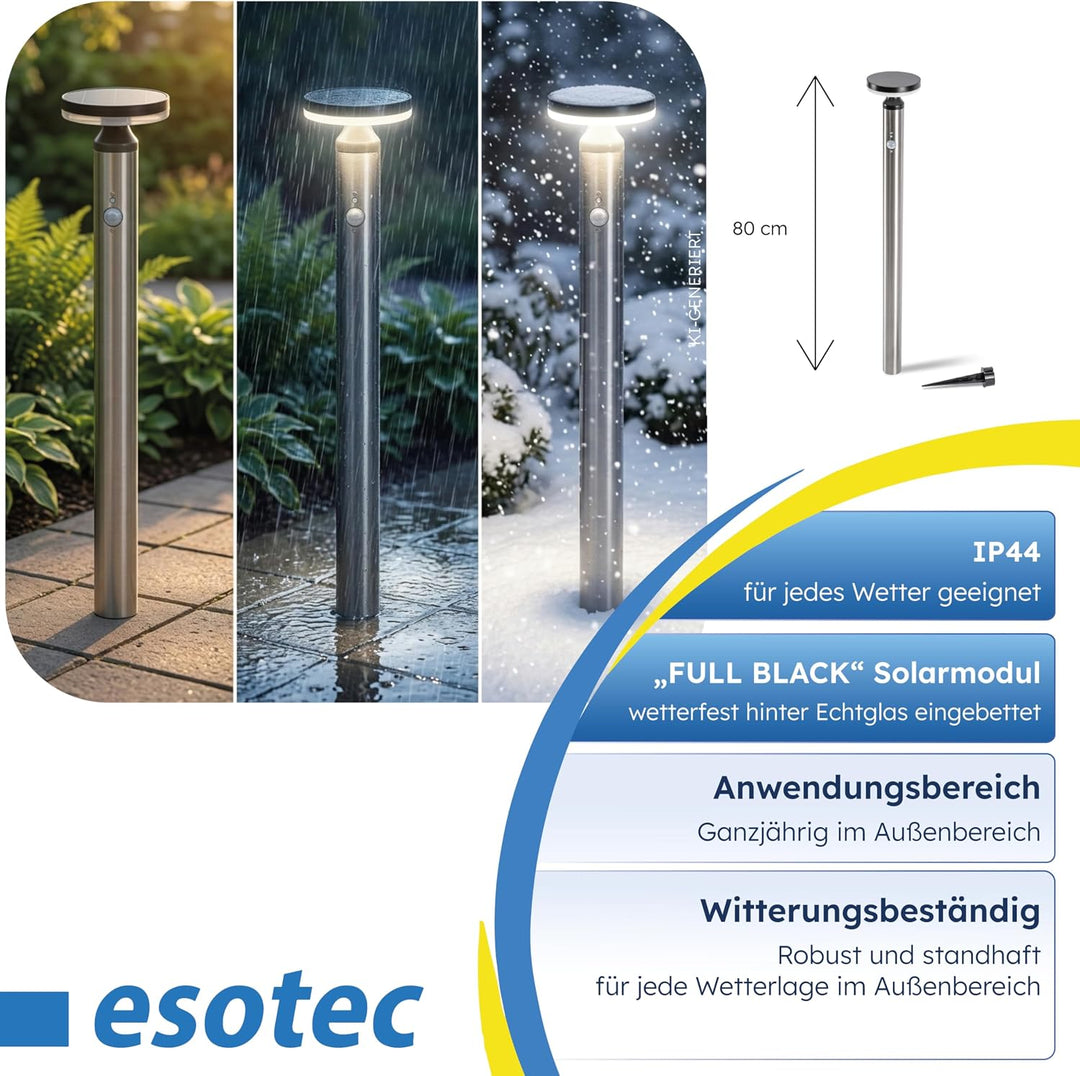 esotec Edelstahl Solarleuchte Aussenlampe mit Bewegungsmelder Cortona, H=80cm, 3 Leuchtmodi, 30 LEDs