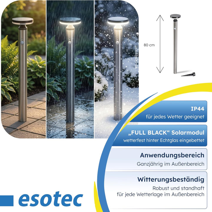 esotec Edelstahl Solarleuchte Aussenlampe mit Bewegungsmelder Cortona, H=80cm, 3 Leuchtmodi, 30 LEDs