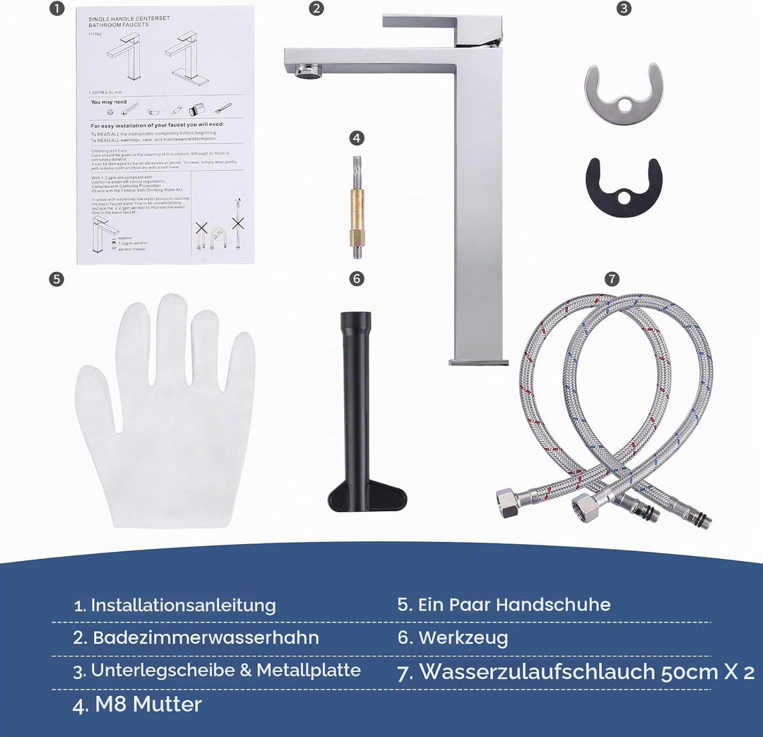ARCORA Waschtischarmatur, Hochdruck Wasserhahn Bad aus 304 Edelstahl Armatur Waschbecken mit 50cm An