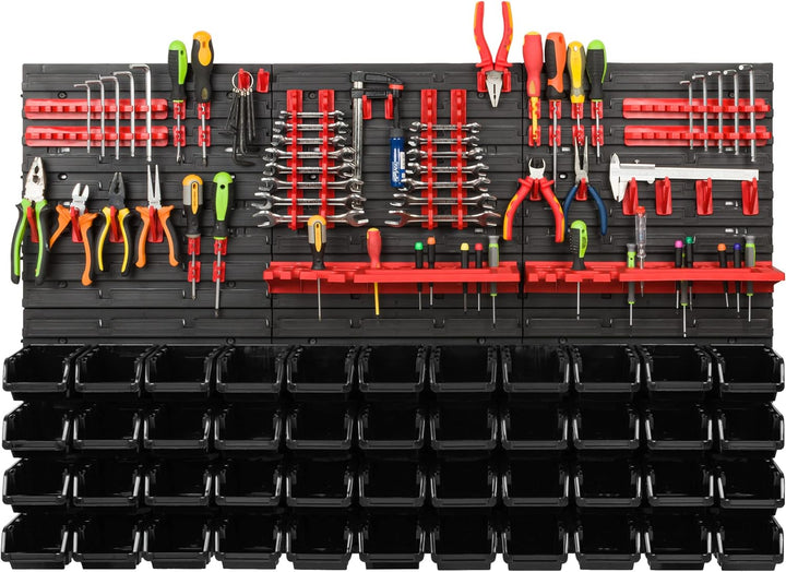 Lagersystem Werkstattregal | 117 x 78 cm | 44 stck. Box | Wandregal mit Werkzeughalterungen und Stap