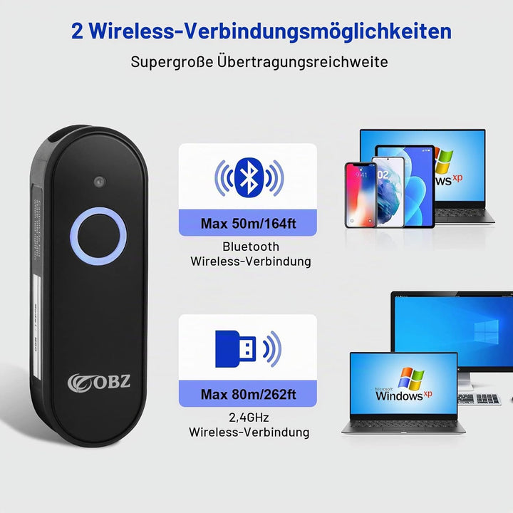 OBZ Mini 2D Barcode Scanner Bluetooth, Barcode Scanner Kabellos 3 in 1 USB &amp; Bluetooth &amp; 2.4G Wirele