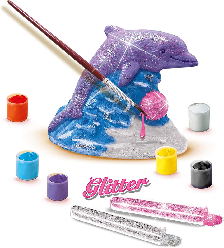 SES Creative 01286 Gipsfigur Delphin mit Glitzer, rosa, Silber