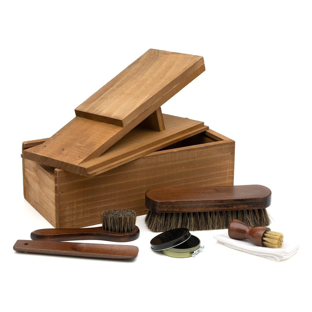 CKB LTD Schuhpflegeset - Tragbare Lederschuhputz-Holzbox Geschenkset mit Stiefelwagenablage, Applika
