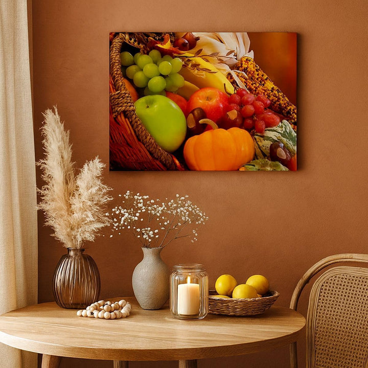 ARTTOR Bilder auf Leinwand 100x70cm Leinwandbild Weidenkorb Obst Gemüse Gross Wanddeko Bild Schlafzi