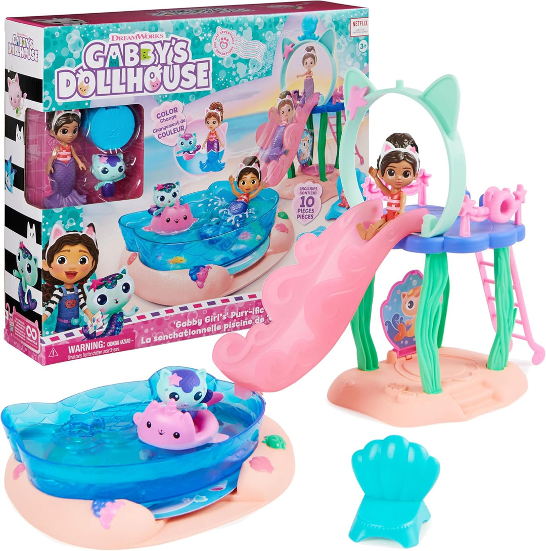 Gabby’s Dollhouse, Purrific Pool Party Spielset mit Gabby- und Meerkätzchen-Figur & Deluxe Raum, Bak