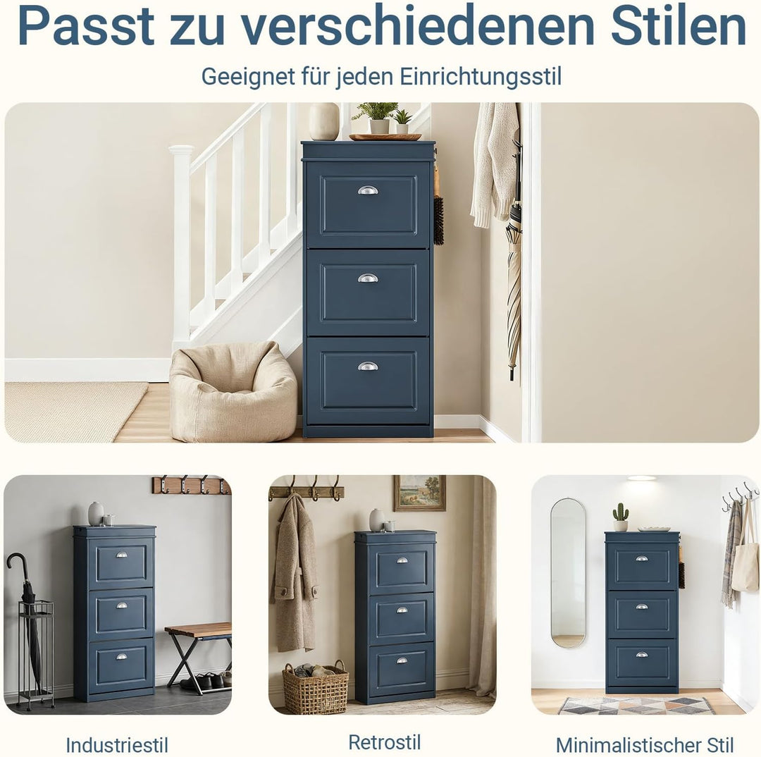 SoBuy Schuhschrank mit 3 Klappen - Schmaler Schuhkipper mit 6 Ablagen, Verstellbares Schuhregal für